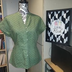 EUC Olive Linen Eyelet Belted Short Sleeve Blouse